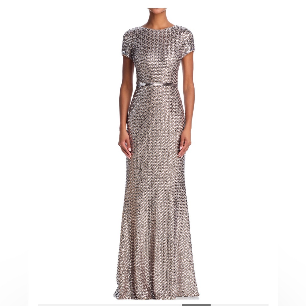 Show Stopper! Belted Sequin Gown worn twice! Silver /Taupe